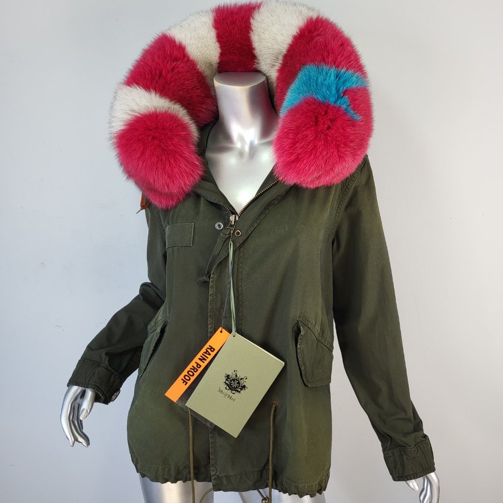 $2570~MR & MRS ITALY~XS/S~GREEN WHITE PINK GENUINE REAL FOX FUR PARKA COAT